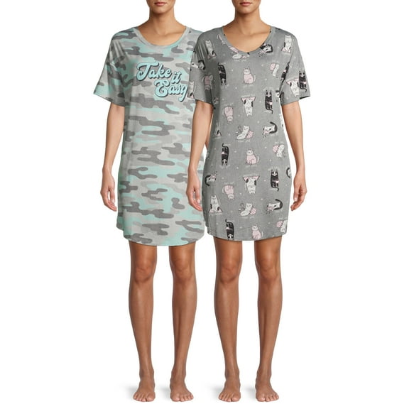 Secret Treasures Short Sleeve Camo Cat Print Sleepshirt (Women's or Women's Plus) 2 Pack