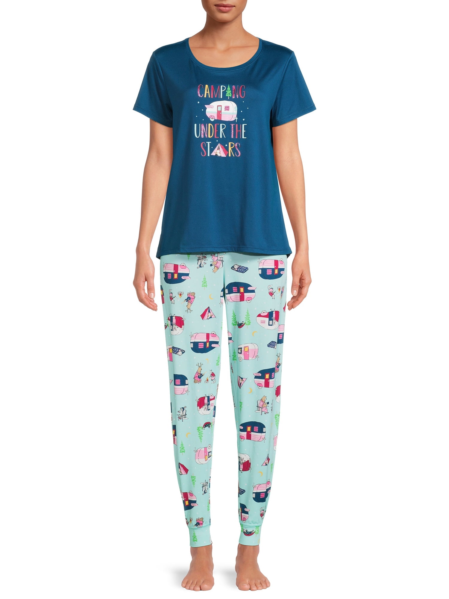 Secret Treasures Short Sleeve Crew Neck Printed Pajamas Women s 2 Piece Set Walmart