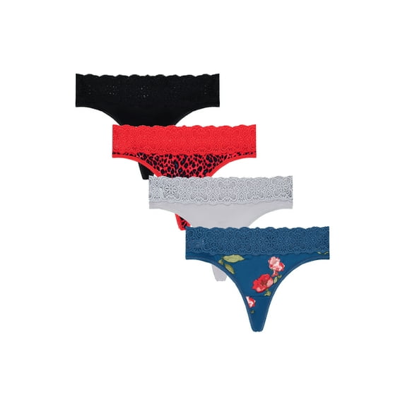 Secret Treasures Women's Lace Waist Rayon Blend Thong Panties, 4-Pack