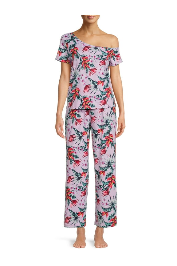 Women's Off The Shoulder Tee and Pants Lounge Set, 2-Piece