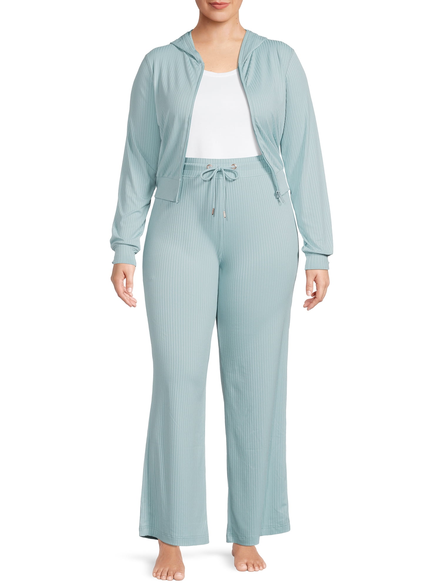 Secret Treasures Women's Ribbed Full Zip Hoodie and Pants Set, 2-Piece