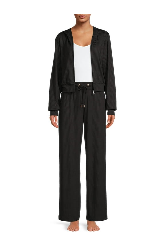 Women's Ribbed Full Zip Hoodie and Pants Set, 2-Piece