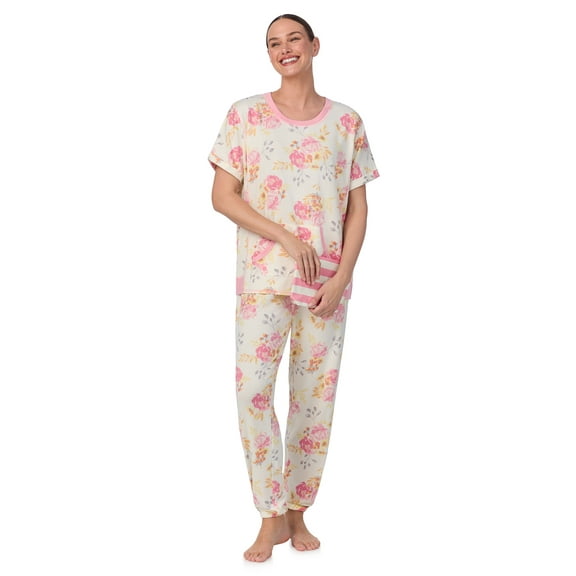 Secret Treasures Women's Short Sleeve Top and Joggers with Makeup Bag, 3-Piece Knit PJ Set