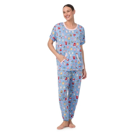 Secret Treasures Women's Short Sleeve Top and Joggers with Makeup Bag, 3-Piece Knit PJ Set