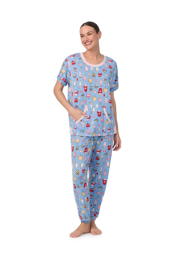 Women's Short Sleeve Top and Joggers with Makeup Bag, 3-Piece Knit PJ Set