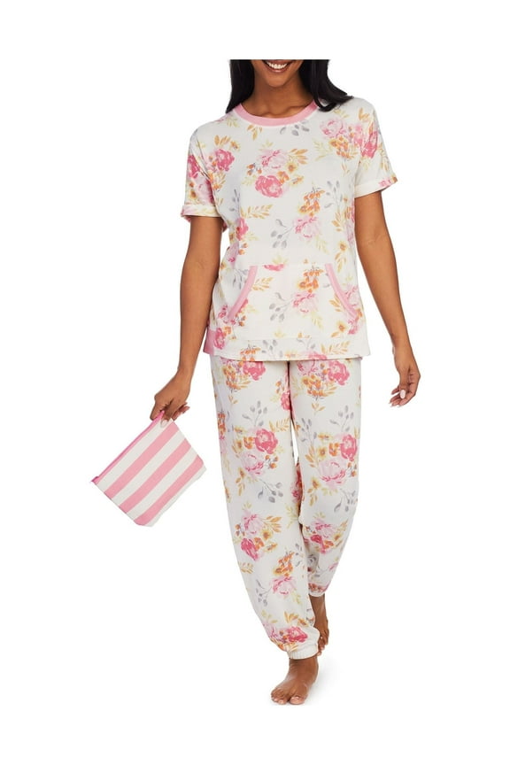 Women's and Women's Plus Short Sleeve Top and Joggers with Makeup Bag, 3-Piece Knit PJ Set