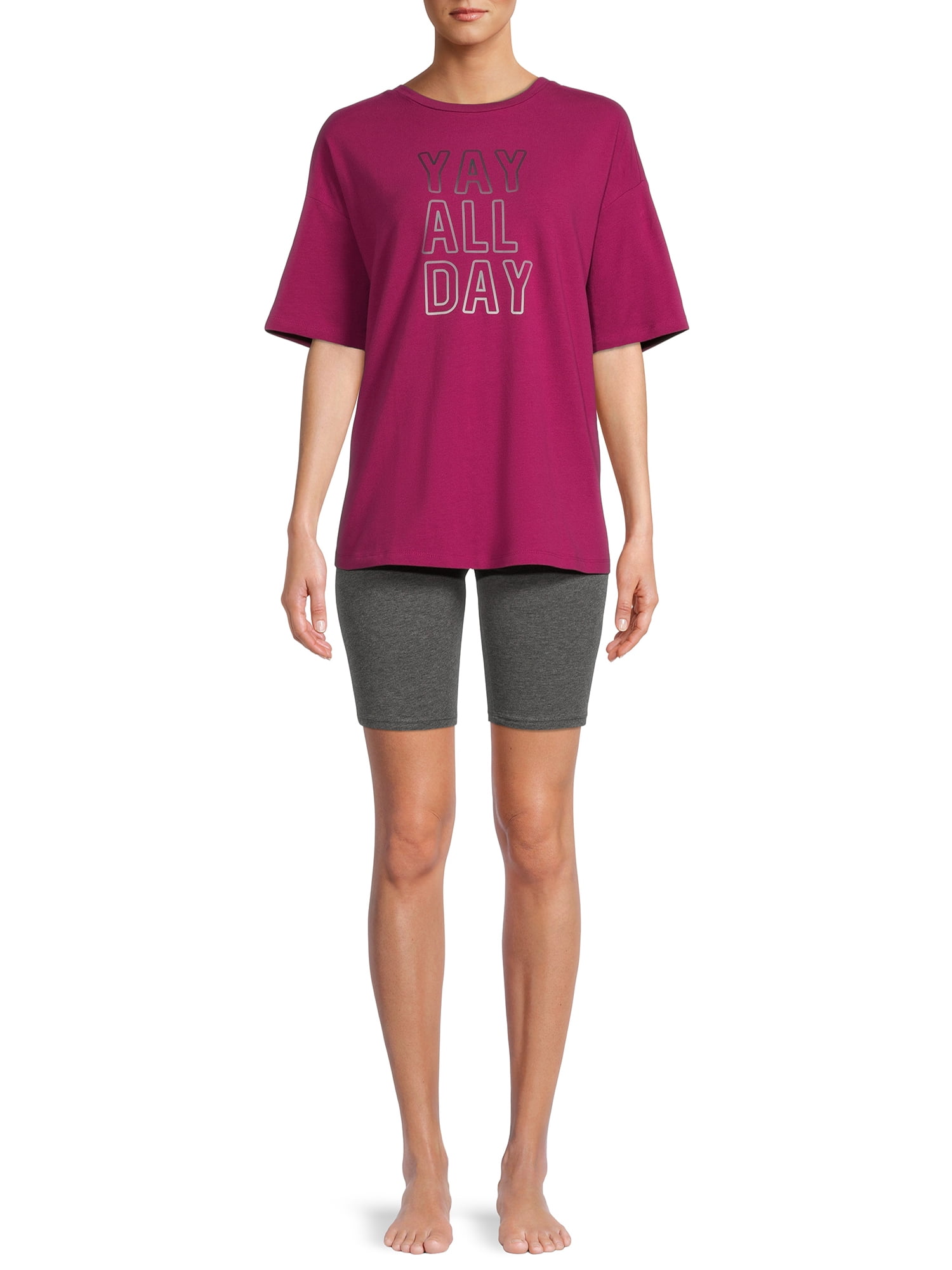 Secret Treasures Women's and Women's Plus Short Sleeve T-Shirt and Bike Shorts, 2-Piece Pajama Set