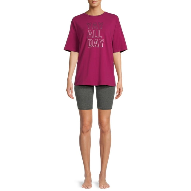 Secret Treasures Women's and Women's Plus Short Sleeve T-Shirt and Bike Shorts, 2-Piece Pajama Set