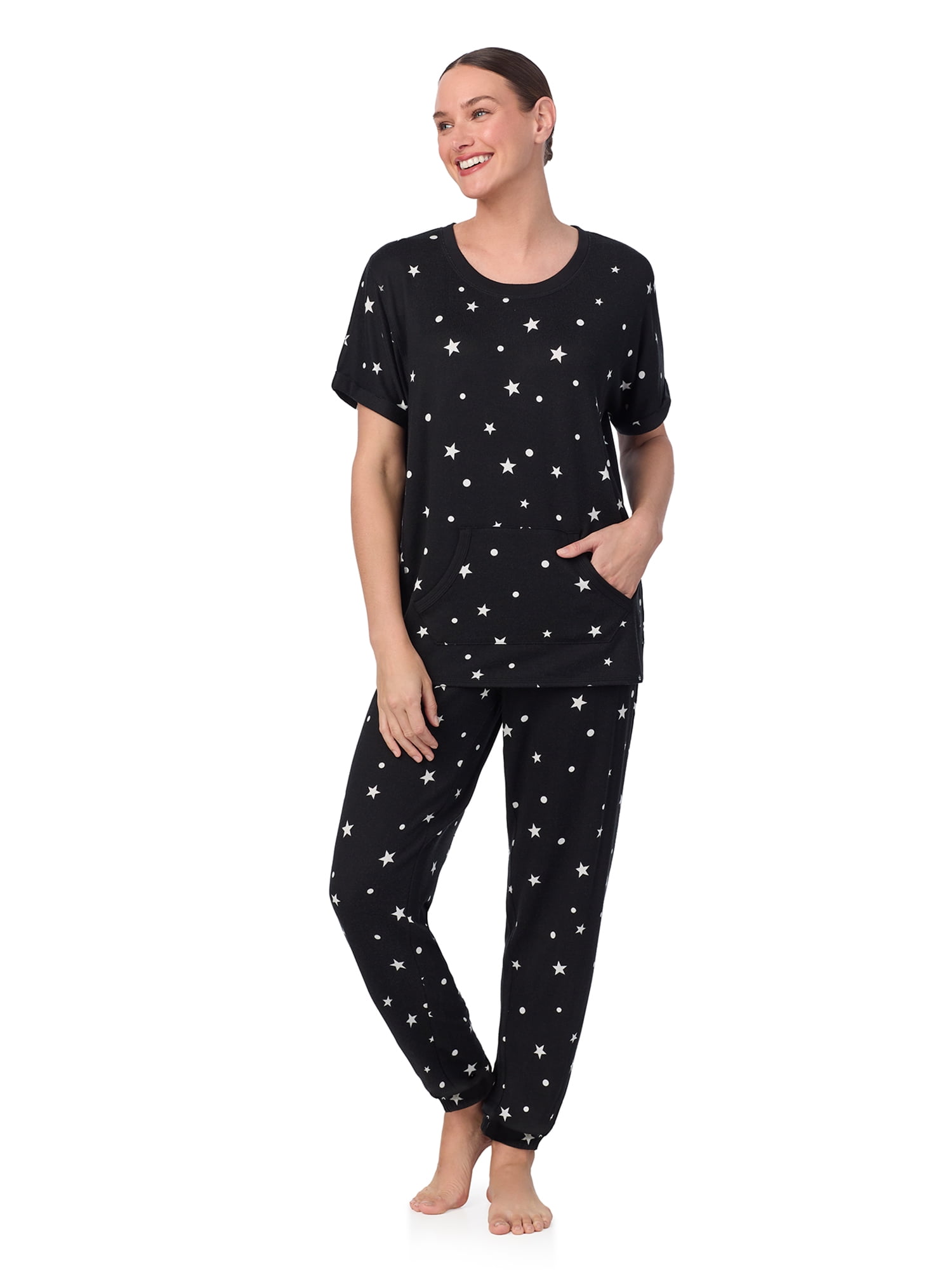 Secret Treasures Women's and Women's Plus Short Sleeve Top and Joggers with Makeup Bag, 3-Piece Knit PJ Set