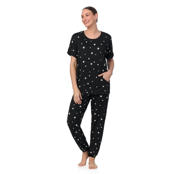 Secret Treasures Women's and Women's Plus Short Sleeve Top and Joggers with Makeup Bag, 3-Piece Knit PJ Set