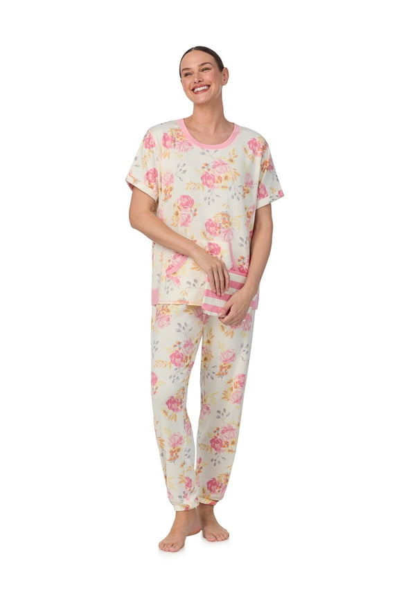 Women's and Women's Plus Short Sleeve Top and Joggers with Makeup Bag, 3-Piece Knit PJ Set