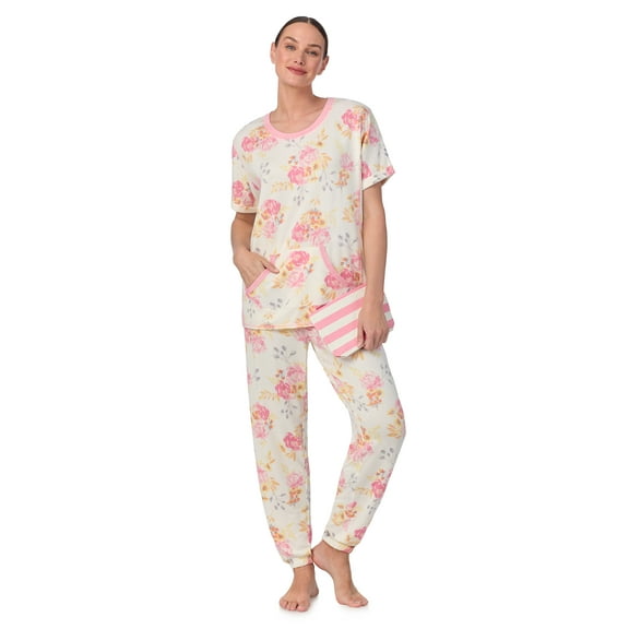 Secret Treasures Women's and Women's Plus Short Sleeve Top and Joggers with Makeup Bag, 3-Piece Knit PJ Set