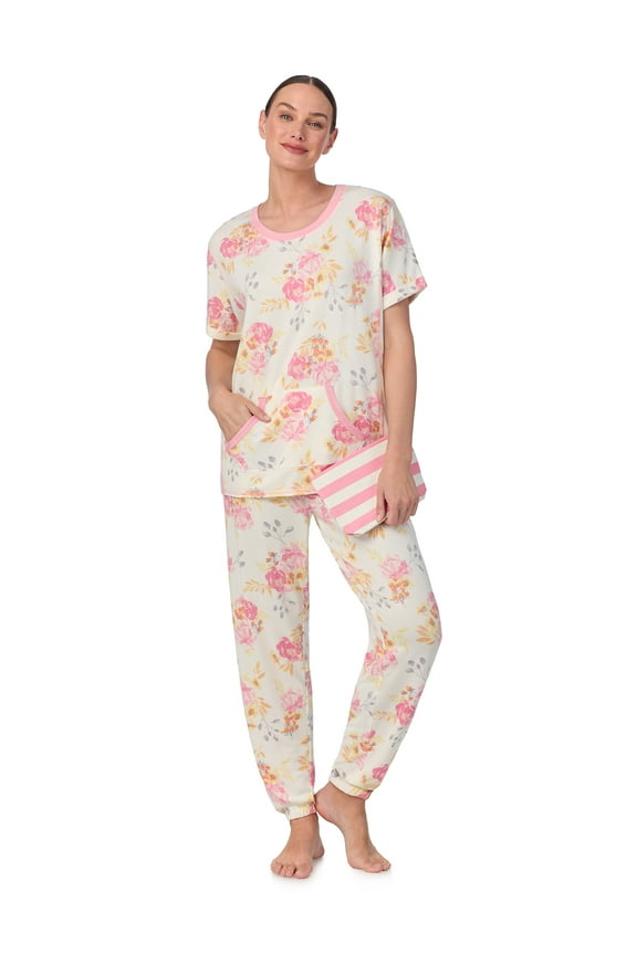 Women's and Women's Plus Short Sleeve Top and Joggers with Makeup Bag, 3-Piece Knit PJ Set