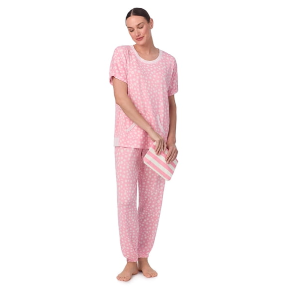 Secret Treasures Women's and Women's Plus Short Sleeve Top and Joggers with Makeup Bag, 3-Piece Knit PJ Set
