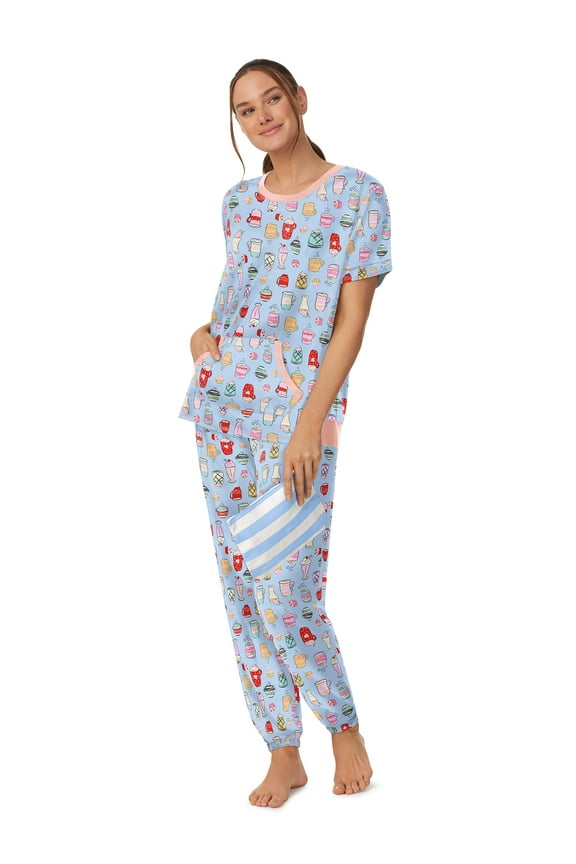 Women's and Women's Plus Short Sleeve Top and Joggers with Makeup Bag, 3-Piece Knit PJ Set