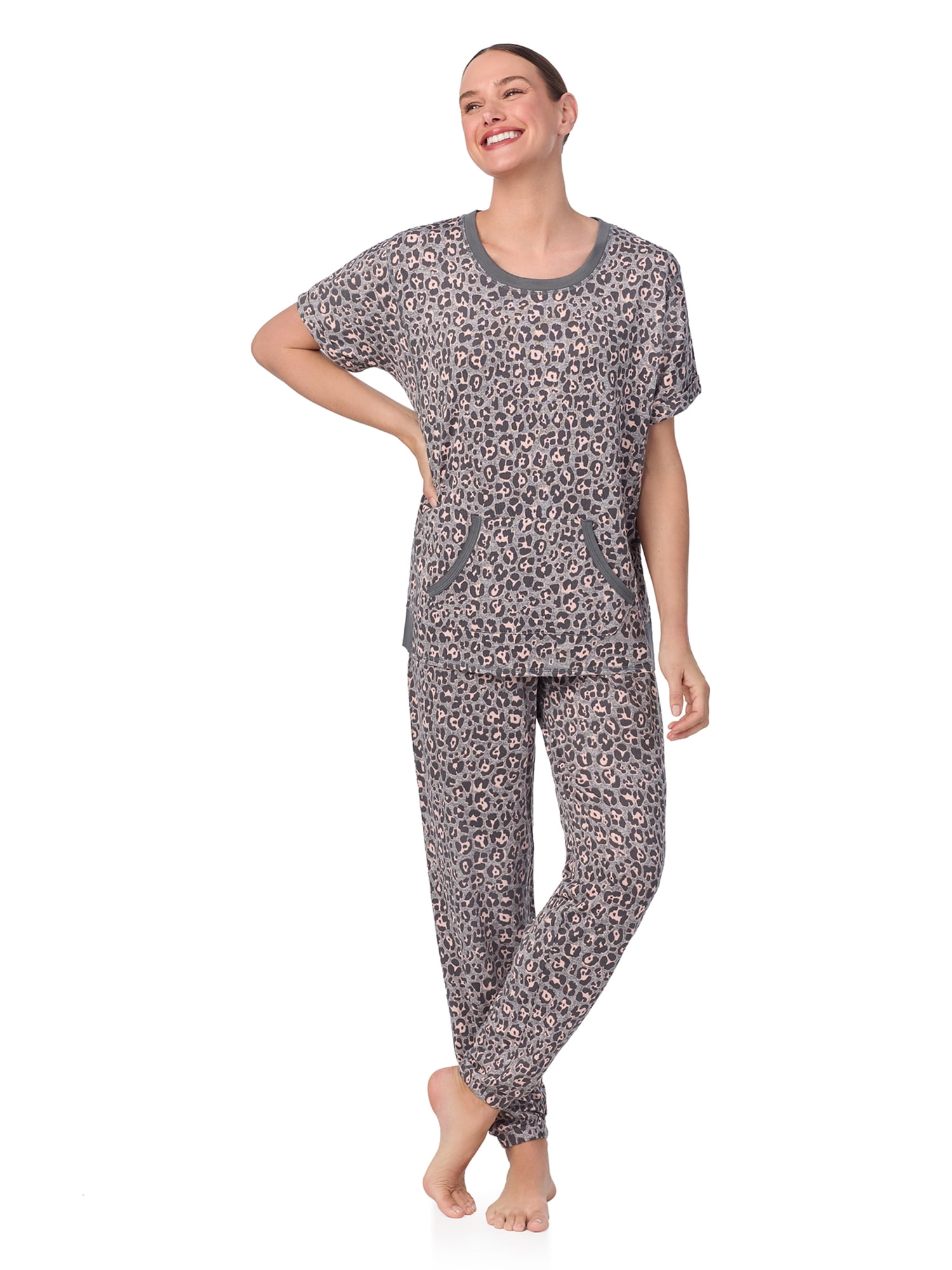 Women's and Women's Plus Short Sleeve Top and Joggers with Makeup Bag, 3-Piece Knit PJ Set