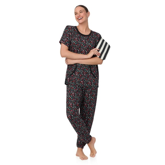 Secret Treasures Women's and Women's Plus Short Sleeve Top and Joggers with Makeup Bag, 3-Piece Knit PJ Set
