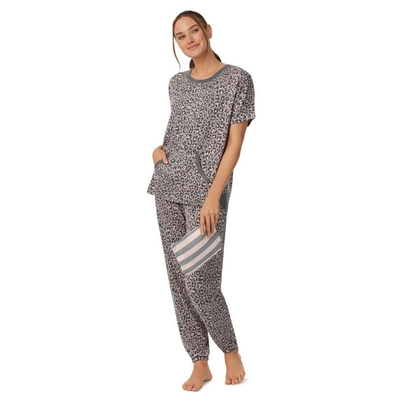 Secret Treasures Women's and Women's Plus Short Sleeve Top and Joggers with Makeup Bag, 3-Piece Knit PJ Set