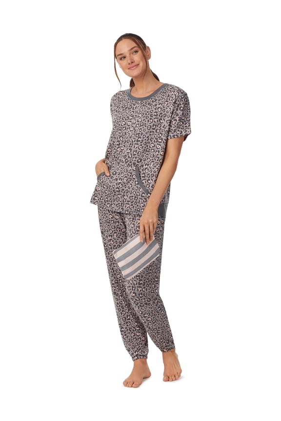 Women's and Women's Plus Short Sleeve Top and Joggers with Makeup Bag, 3-Piece Knit PJ Set