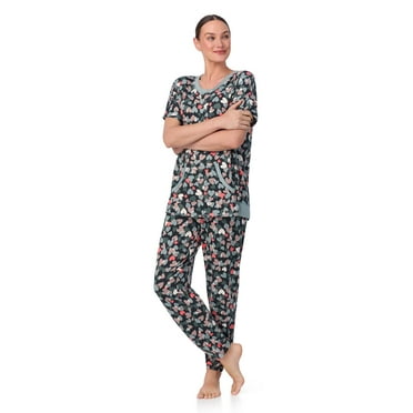 Secret Treasures Women's and Women's Plus Short Sleeve Top and Joggers with Makeup Bag, 3-Piece Knit PJ Set