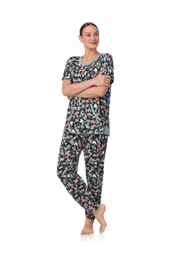 Women's and Women's Plus Short Sleeve Top and Joggers with Makeup Bag, 3-Piece Knit PJ Set