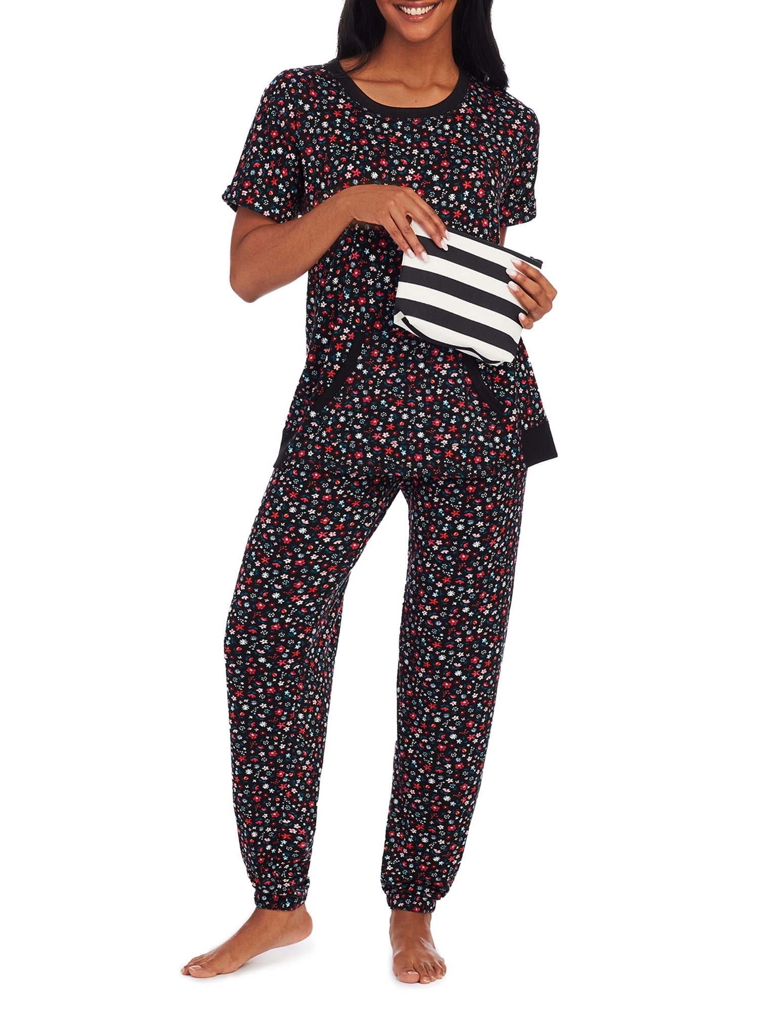 Secret Treasures Women's and Women's Plus Short Sleeve Top and Joggers with Makeup Bag, 3-Piece Knit PJ Set