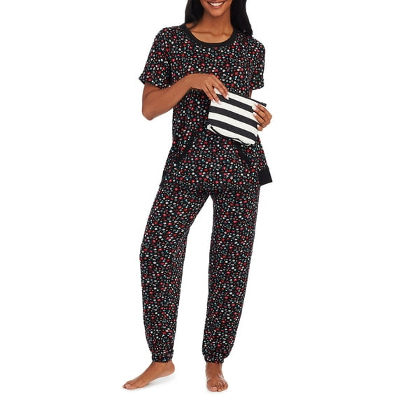 Secret Treasures Women's and Women's Plus Short Sleeve Top and Joggers with Makeup Bag, 3-Piece Knit PJ Set