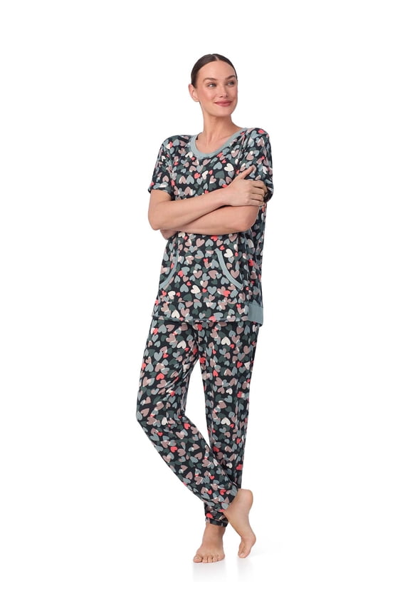 Women's and Women's Plus Short Sleeve Top and Joggers with Makeup Bag, 3-Piece Knit PJ Set