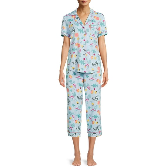 Secret Treasures Women's and Women's Plus Traditional Short Sleeve Knit Notch Collar Top and Pants, 2-Piece Pajama Set