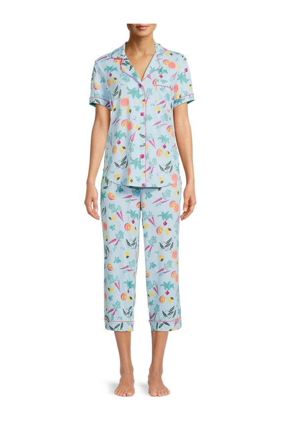 Women's and Women's Plus Traditional Short Sleeve Knit Notch Collar Top and Pants, 2-Piece Pajama Set
