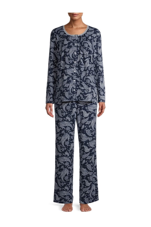 Women's and Women's Plus Traditional V-Neck Long Sleeve Top and Pants Pajama Set