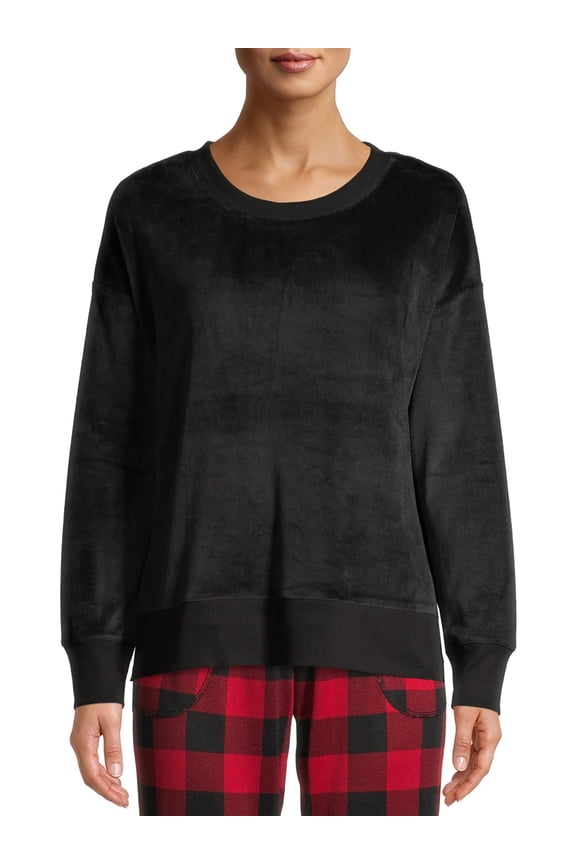Women's and Women's Plus Velour Long Sleeve Crew-Neck Pajama Top