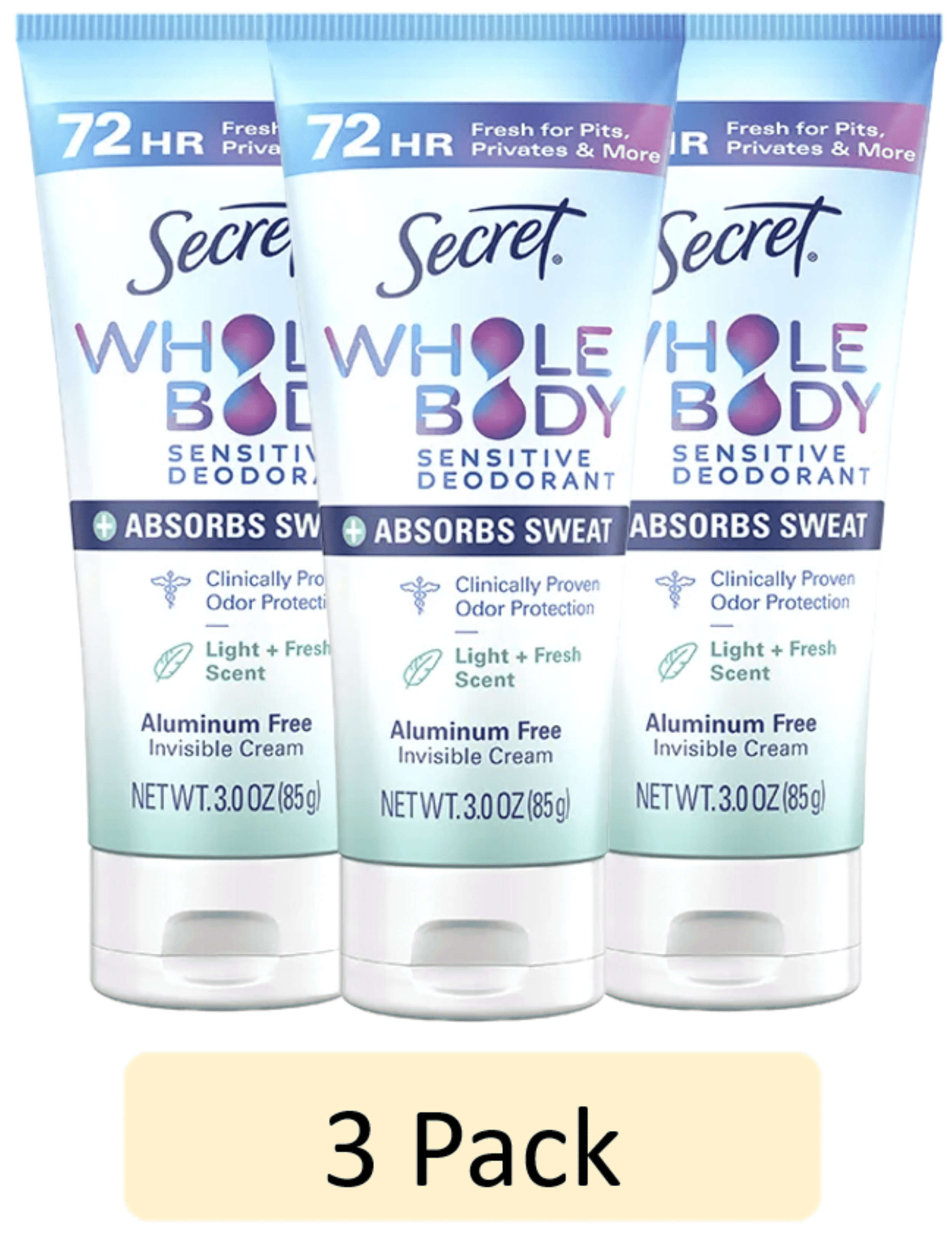 3 Pack) Secret Whole Body Deodorant Cream for Women, Light + Fresh