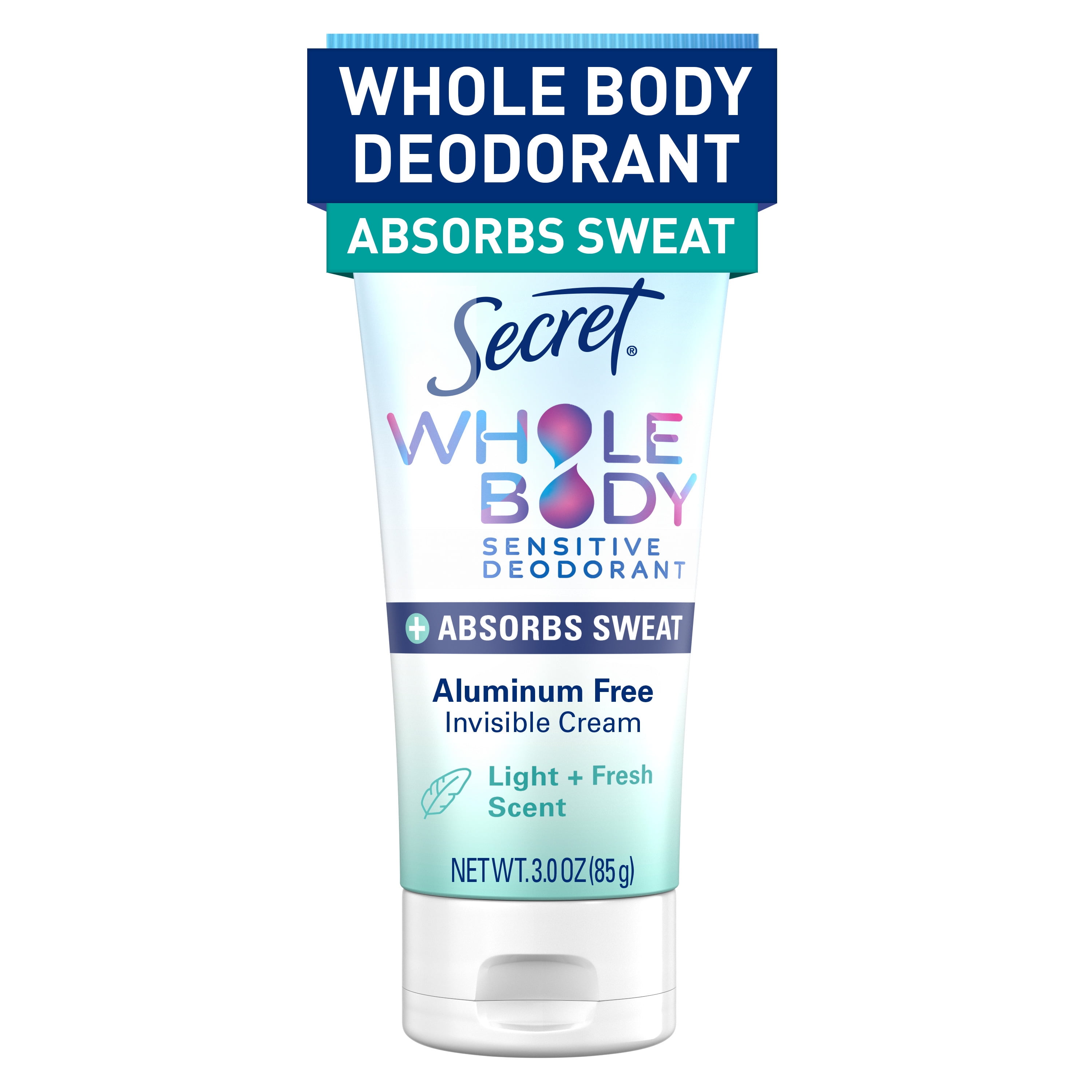 Secret Whole Body Aluminum-Free Dry Feel Cream and Absorbs Sweat, Deodorant Cream for Women, Light & Fresh Scent, 3.0oz