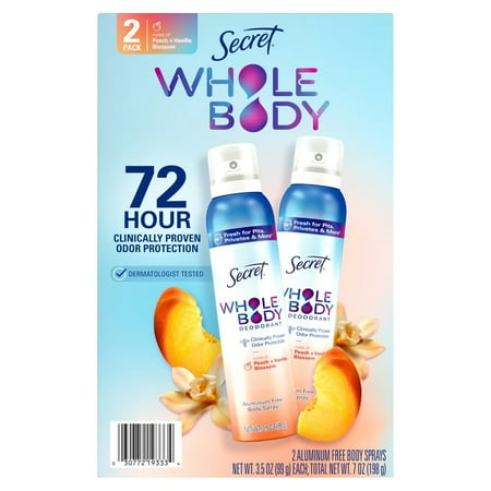 Secret Whole Body Deodorant Spray, Peach & Vanilla Blossom - Aluminum-Free, Scented - 2 Count, 3.5 oz