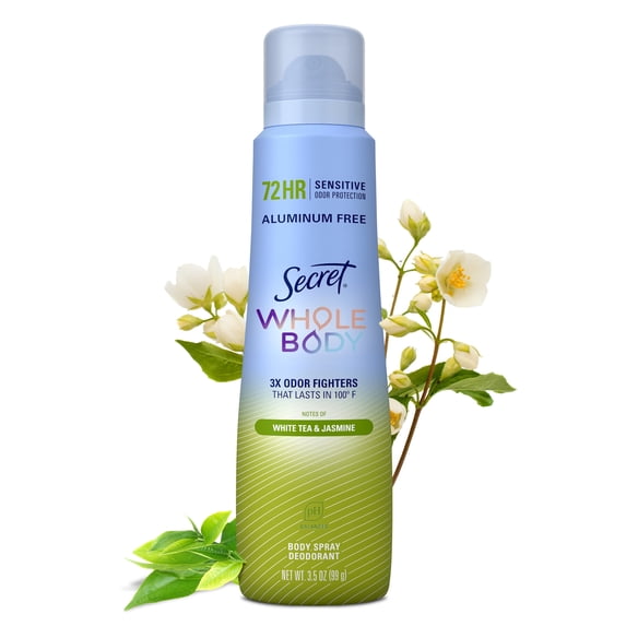 Secret Whole Body Deodorant Spray for Women, White Tea Jasmine Scent, Aluminum Free Deodorant, 72 HR Odor Protection, 3.5oz