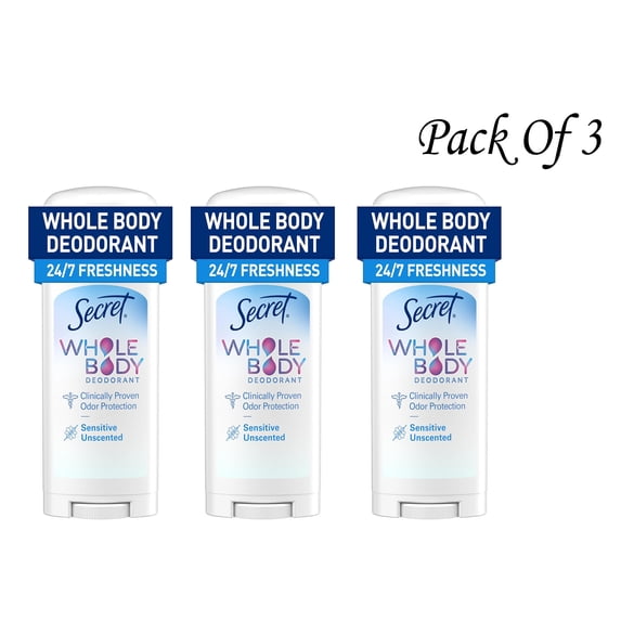 Secret Whole Body Deodorant Stick for Women, Naturally Derived Ingredients, Unscented, Aluminum Free Deoderant Stick, 72 HR Odor Protection, 2.4 oz (Pack Of 3)