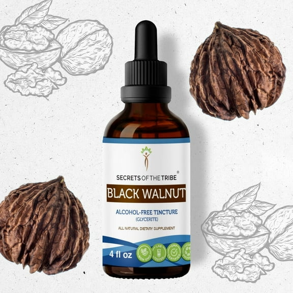 Secrets Of The Tribe Black Walnut Tincture Dietary Supplement, Natural Herbal Extract for Intestinal Health Support, Black Walnut (Juglans nigra) Dried Hull, Alcohol-Free Extract, Drops 4 oz