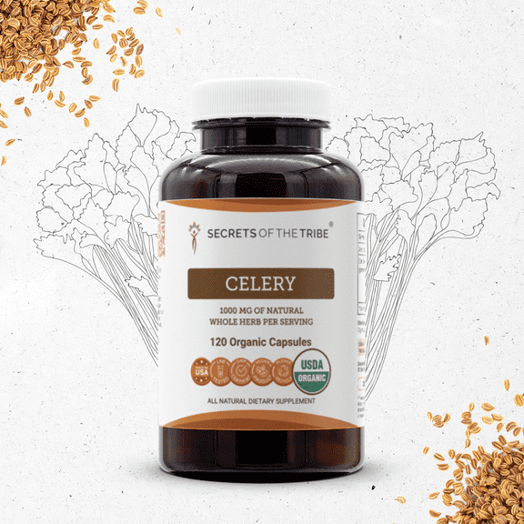 Secrets Of The Tribe Celery Organic Capsules Dietary Supplement, Natural Herbal Capsules for Digestive Support, Certified Organic Celery (Apium graveolens) Dried Fruit and Seed, 120 Capsules
