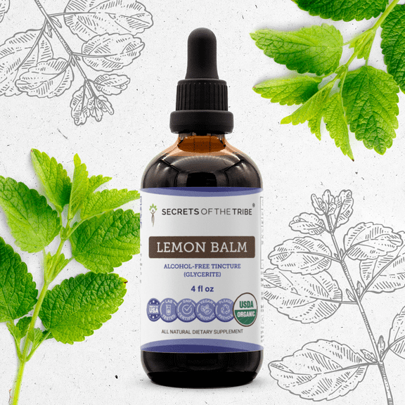 Secrets Of The Tribe Lemon Balm Organic Tincture Dietary Supplement, Natural Herbal Extract for Mood Support, Certified Organic Lemon Balm (Melissa officinalis) Dried Leaf, Alcohol-Free Extract, 4 oz
