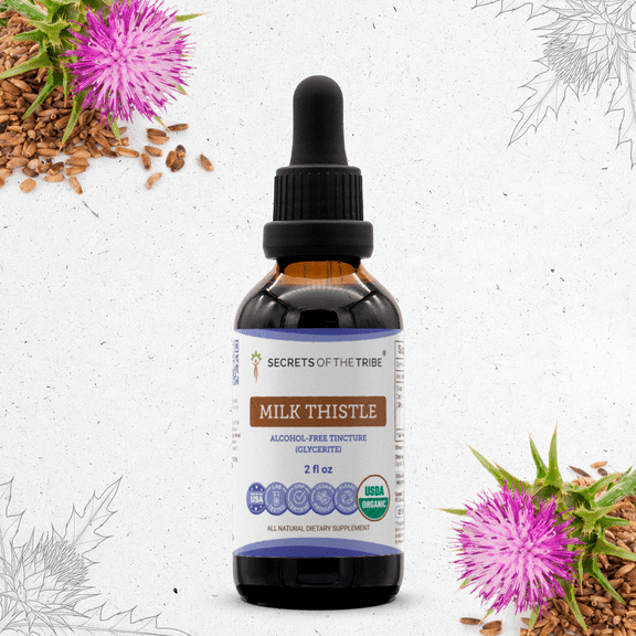 Secrets Of The Tribe Milk Thistle Organic Tincture Dietary Supplement, Natural Herbal Extract for Liver Support, Certified Organic Milk Thistle (Silybum marianum) Dried Seed, Alcohol-Free, 2 oz