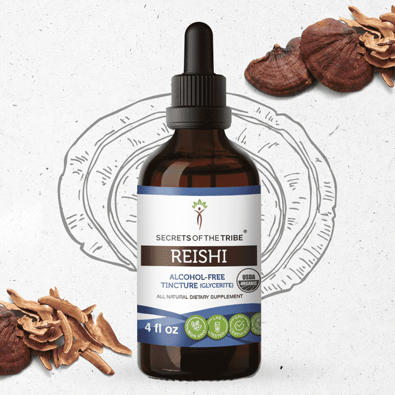 Secrets Of The Tribe Reishi Organic Dietary Supplement, Natural Herbal Tincture for Immune Support, Certified Organic Reishi Mushroom (Ganoderma lucidum) Dried Mushroom, Alcohol-Free Extract, 4 oz