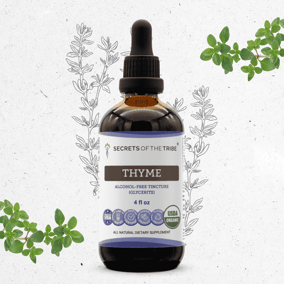 Secrets Of The Tribe Thyme Organic Tincture Dietary Supplement, Natural Herbal Extract for Respiratory Support, Certified Organic Thyme (Thymus vulgaris) Dried Leaf, Alcohol-Free Extract, Drops 4 oz
