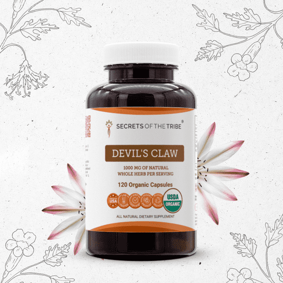 Secrets Of The Tribe Devil's Claw Organic Capsules Dietary Supplement, Natural Herbal Capsules for Joint Support, Certified Organic Devil's Claw (Harpagophytum Procumbens) Dried Root, 120 Capsules