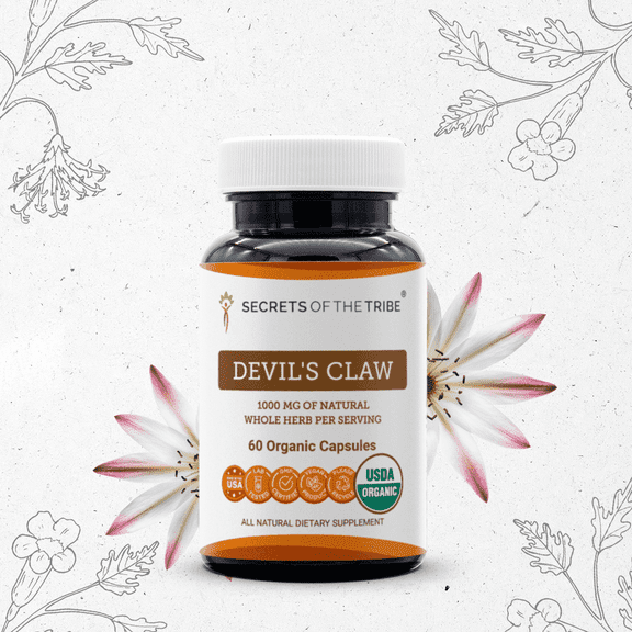 Secrets Of The Tribe Devil's Claw Organic Capsules Dietary Supplement, Natural Herbal Capsules for Joint Support, Certified Organic Devil's Claw (Harpagophytum Procumbens) Dried Root, 60 Capsules
