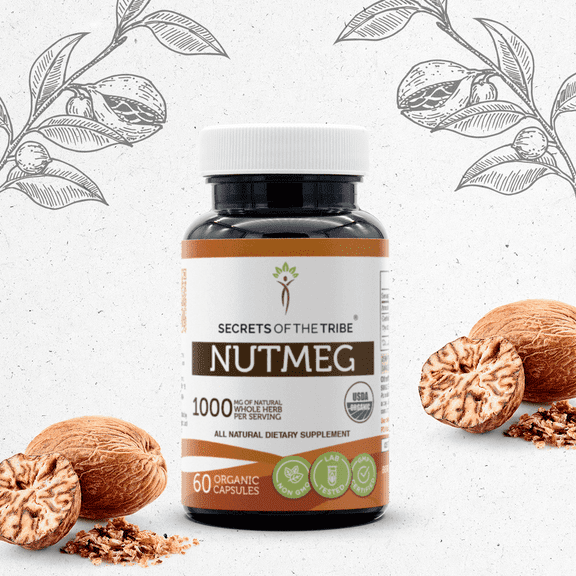 Secrets Of The Tribe Nutmeg Organic Capsules Dietary Supplement, Natural Herbal Capsules for Digestive Support, Certified Organic Nutmeg (Rou Dou Kou, Myristica Fragrans) Dried Nut, 60 Capsules