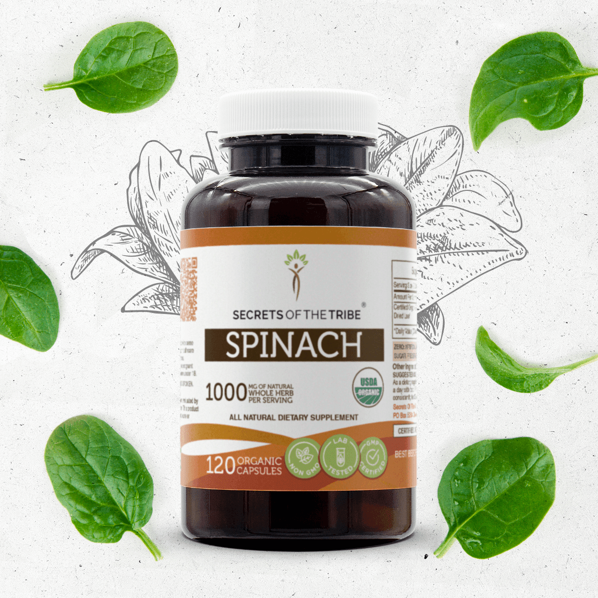 Secrets of the Tribe Spinach 120 Capsules, 500 mg, Organic Spinach (Spinacia oleracea) Dried