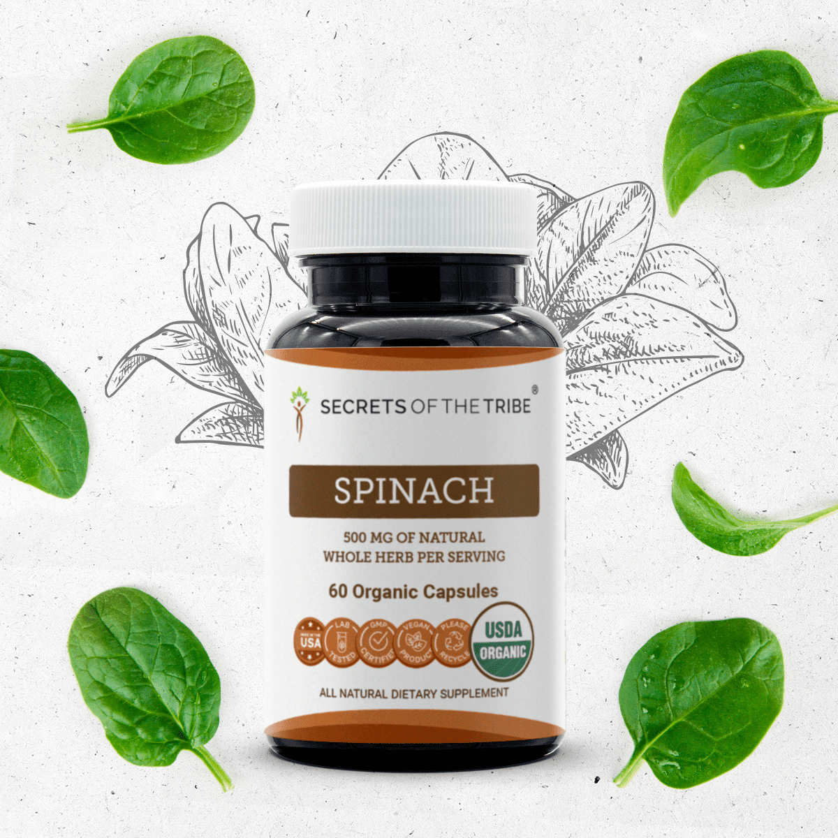 Secrets Of The Tribe Spinach Organic Capsules Dietary Supplement, Natural Herbal Capsules for Nutritional Support, Certified Organic Spinach (Spinacia oleracea) Dried Leaf, 60 Capsules