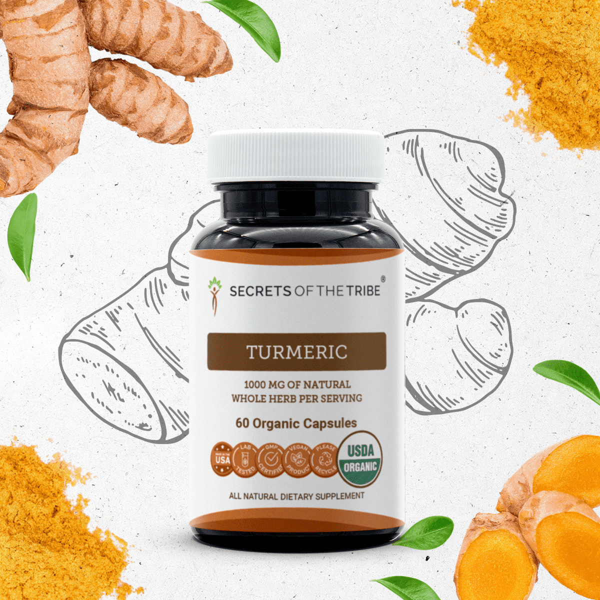Secrets Of The Tribe Turmeric Organic Capsules Dietary Supplement, Natural Herbal Capsules for Joint Support, Certified Organic Turmeric (Curcuma longa) Dried Root, 60 Capsules