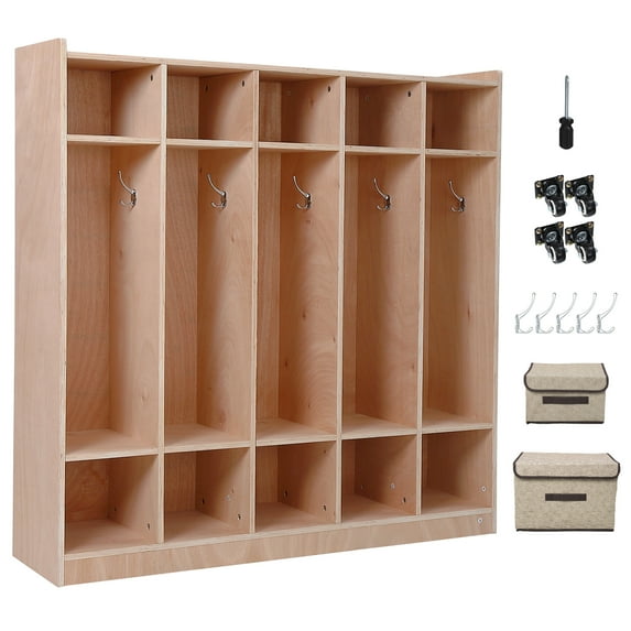 Section Classroom Coat Locker, 10 Cubbies w/ Anti-tip Kit, 5 Hooks & 2 Storage Boxes, for Classrooms, Daycare, Home, School, Kindergarten